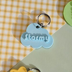 Pu&ograve; includere: Un portachiavi a forma di nuvola azzurra con il nome "Stormy" in lettere in rilievo. Il portachiavi ha un anello in metallo argentato. Lo sfondo presenta un motivo a quadri gialli e una superficie verde chiaro.
