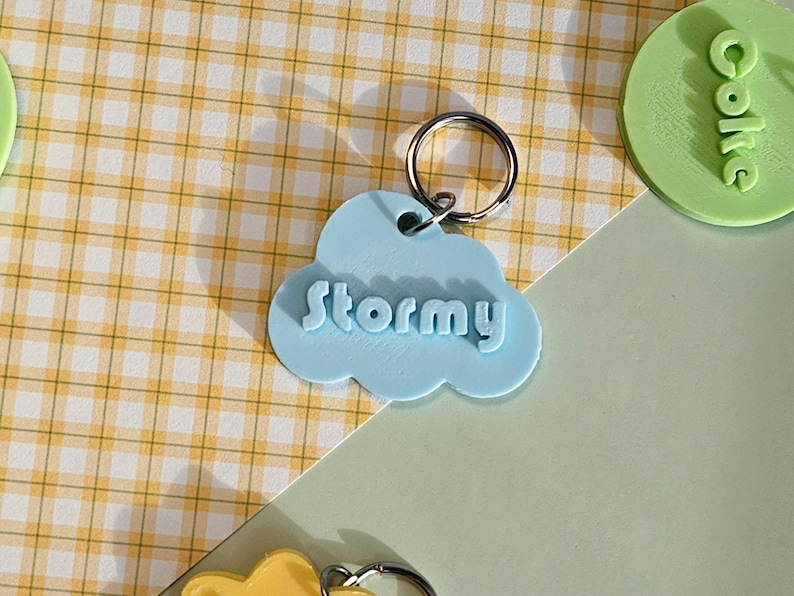 Pu&ograve; includere: Un portachiavi a forma di nuvola azzurra con il nome "Stormy" in lettere in rilievo. Il portachiavi ha un anello in metallo argentato. Lo sfondo presenta un motivo a quadri gialli e una superficie verde chiaro.