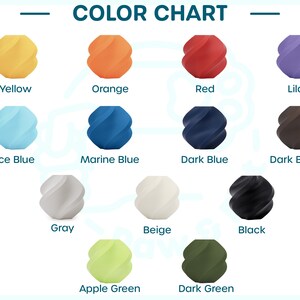 Pu&ograve; includere: Una tabella dei colori che mostra tredici oggetti sferici ritorti in varie tonalit&agrave;, tra cui giallo, arancione, rosso, lilla, blu ghiaccio, blu marino, blu scuro, marrone scuro, grigio, beige, nero, verde mela e verde scuro con etichette.