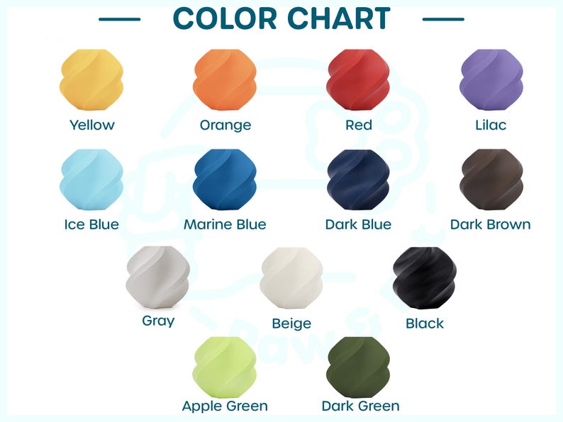 Pu&ograve; includere: Una tabella dei colori che mostra tredici oggetti sferici ritorti in varie tonalit&agrave;, tra cui giallo, arancione, rosso, lilla, blu ghiaccio, blu marino, blu scuro, marrone scuro, grigio, beige, nero, verde mela e verde scuro con etichette.