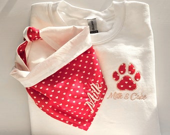 Passender Hund und Besitzer Bandana Sweatshirt Set Pfotenabdruck Shirt für Hund Mama Papa Valentinstag Outfit Hund Mama Personalisierte Spiel Hunde