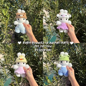 May include: Four crocheted baby bunny dolls, each wearing a different animal hat: a bear, a cow, a chick, and a frog. The bunnies have white bodies and are wearing pastel-colored outfits. The image includes text that reads "Baby Bunnies in Animal Hats PDF Pattern by AmiByAbi."