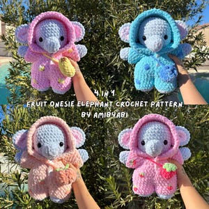 May include: Four crochet elephant amigurumi patterns, each with a different fruit design: a peach, a strawberry, a lemon, and a blueberry. The patterns are titled "4 in 1 Fruit Onesie Elephant Crochet Pattern by AmiByabi".