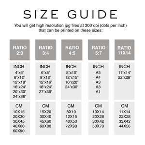 May include: A size guide for printing high-resolution JPG files at 300 dpi. The guide shows different aspect ratios and corresponding inch and centimeter measurements for prints. The ratios are 2:3, 3:4, 4:5, 5:7, and 11x14.