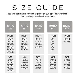 May include: A size guide for printing high-resolution JPG files at 300 dpi. The guide shows different aspect ratios and corresponding inch and centimeter measurements for prints. The ratios are 2:3, 3:4, 4:5, 5:7, and 11x14.