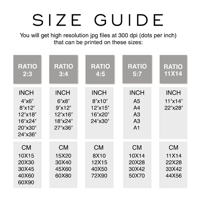 May include: A size guide for printing high-resolution JPG files at 300 dpi. The guide shows different aspect ratios and corresponding inch and centimeter measurements for prints. The ratios are 2:3, 3:4, 4:5, 5:7, and 11x14.