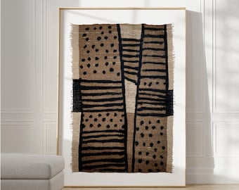Black Brown Textile Abstract Art, Modern Wabi-Sabi art, Tribal Japandi African Poster, Geometric Neutral Print, Digital