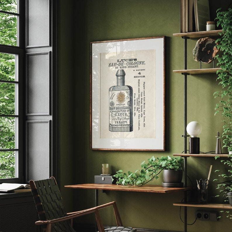 May include: Vintage advertisement for Luce's Eau-de-Cologne, a cologne manufactured in Jersey City, New Jersey. The ad features a bottle of cologne with a label that reads "Superior Eau-de-Cologne, Manufactured by Luce, Jersey City, New Jersey."