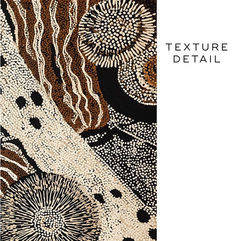 K&ouml;nnte beinhalten: Abstrakte Kunst mit detaillierter Textur. Das Design zeigt eine Kombination aus braunen, schwarzen und cremefarbenen Farben. Der Text "TEXTURE DETAIL" ist auf der rechten Seite des Bildes zu sehen. Das Kunstwerk besteht aus Punkten und Linien.