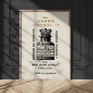 vintage 19th century ad for The Crown Perfumery Lavender Salts perfume illustration bottle poster black antique minimalist bathroom decor