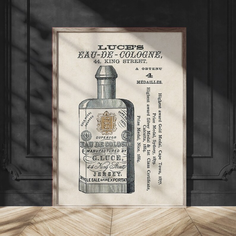 May include: Vintage advertisement for Luce's Eau-de-Cologne, a cologne manufactured in Jersey. The ad features a bottle of cologne with the text "Superior Eau de Cologne" and "Manufactured by G. Luce 44 King Street Jersey." The ad also mentions that the cologne has won four medals, including a gold medal, a silver medal, and two prize medals.