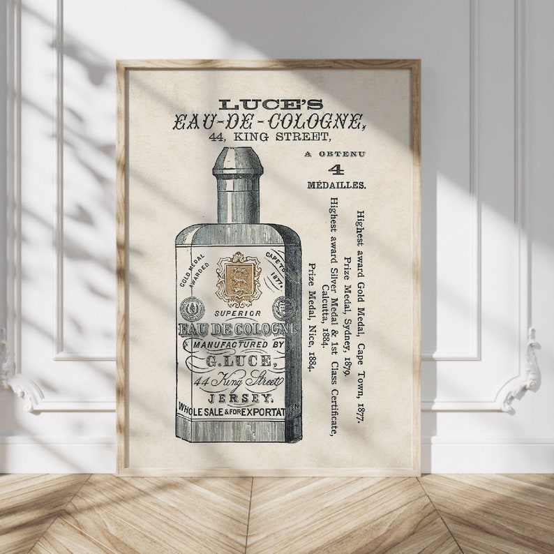 May include: Vintage advertisement for Luce's Eau-de-Cologne, a superior cologne manufactured in Jersey. The ad features a detailed illustration of a bottle with the brand name and a list of awards received, including 4 medals.