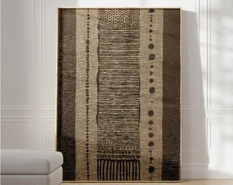 Ethnic Textile Art Large, Beige Textured Wall Print, Wabi-Sabi art, Tribal Japandi African Painting, Digital
