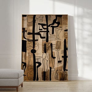 Arte abstrata preta e marrom, grande, arte de parede moderna, arte wabi-sabi, arte tribal japonesa, pôster africano, impressão geométrica, tons neutros, digital