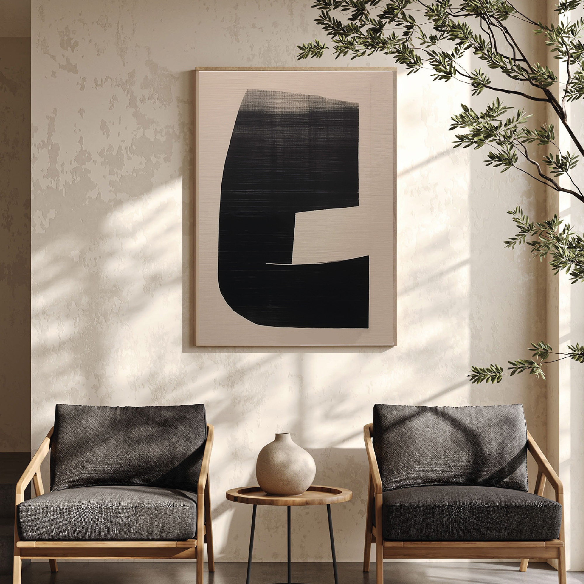 Peinture Murale 3D Moderne Wabi-Sabi - 60x90 Cm, Cadre Noir, Tons Beige Et Noir, Décoration Salon/chambre - 9