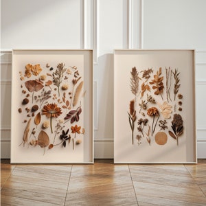 Arte de pared de flores secas beige, conjunto de carteles de herbario botánico, regalo de decoración del hogar, cartel de millot, estampado de flores, plantas prensadas, arte de hojas secas