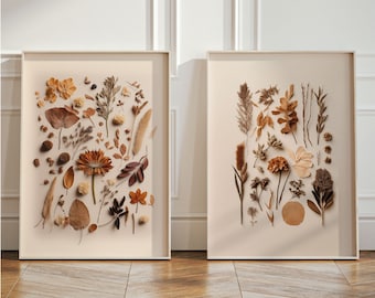 Beige Dried flower Wall Art, Botanical Herbarium Poster Set, Home Decor Gift, Millot Poster, Flowers Print, Pressed Plants, Dried Leaves Art