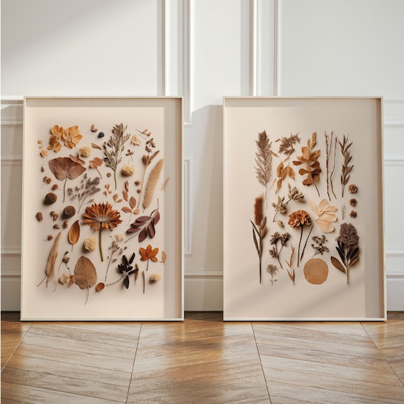 Beige Dried flower Wall Art, Botanical Herbarium Poster Set, Home Decor Gift, Millot Poster, Flowers Print, Pressed Plants, Dried Leaves Art