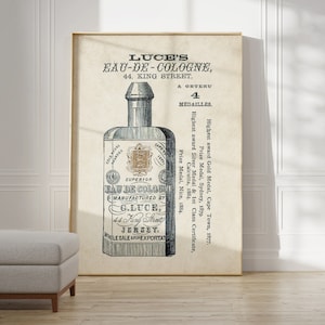May include: Vintage advertisement for Luce's Eau-de-Cologne, a cologne manufactured in Jersey. The ad features a detailed illustration of a bottle of cologne and highlights the product's awards, including four medals.