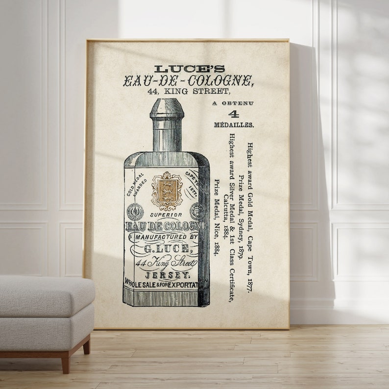May include: Vintage advertisement for Luce's Eau-de-Cologne, a cologne manufactured in Jersey. The ad features a detailed illustration of a bottle of cologne and highlights the product's awards, including four medals.