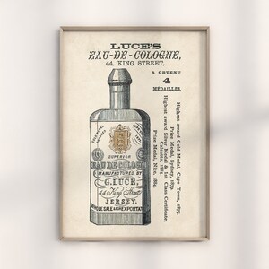 May include: Vintage advertisement for Luce's Eau-de-Cologne, a cologne manufactured in Jersey. The ad features a detailed illustration of a bottle of cologne with the text "Superior Eau de Cologne" and "Manufactured by G. Luce, 44 King Street, Jersey. Whole Sale & for Exportat."