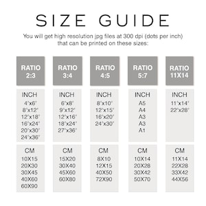 K&ouml;nnte beinhalten: Eine Gr&ouml;&szlig;entabelle mit der &Uuml;berschrift "SIZE GUIDE". Die Tabelle listet Druckgr&ouml;&szlig;en in Zoll und Zentimetern f&uuml;r verschiedene Seitenverh&auml;ltnisse auf, darunter 2:3, 3:4, 4:5, 5:7 und 11x14.