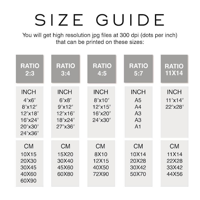 K&ouml;nnte beinhalten: Eine Gr&ouml;&szlig;entabelle mit der &Uuml;berschrift "SIZE GUIDE". Die Tabelle listet Druckgr&ouml;&szlig;en in Zoll und Zentimetern f&uuml;r verschiedene Seitenverh&auml;ltnisse auf, darunter 2:3, 3:4, 4:5, 5:7 und 11x14.