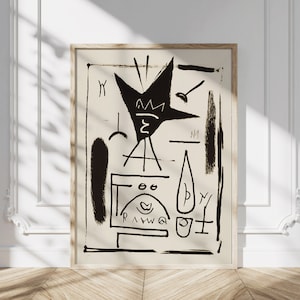 Large black white wall art, Abstract Art Print Basquiat Inspired, Contemporary Painting, Living room Wall Decor, Japandi Minimalist painting