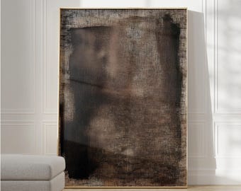 May include: Abstract painting in shades of brown and black with a textured canvas effect. The painting is framed in a gold frame.