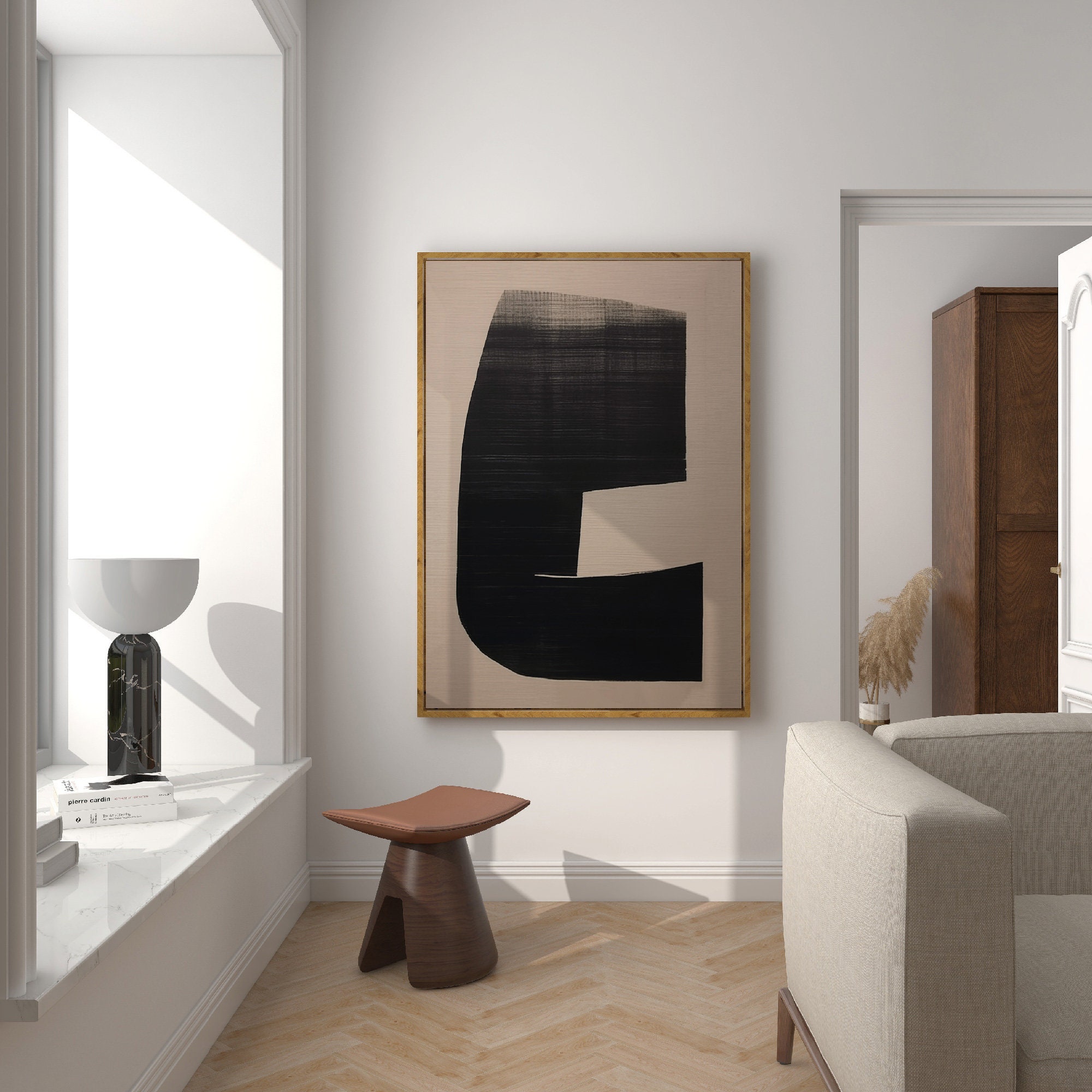 Peinture Murale 3D Moderne Wabi-Sabi - 60x90 Cm, Cadre Noir, Tons Beige Et Noir, Décoration Salon/chambre - 2