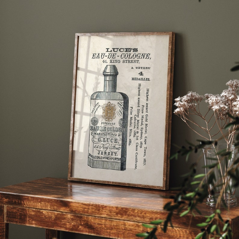 May include: Vintage advertisement for Luce's Eau-de-Cologne, a cologne manufactured in Jersey. The ad features a bottle of cologne with a gold label and text that reads "LUCE'S EAU-DE-COLOGNE, 44 KING STREET, JERSEY." The ad also mentions that the cologne has won four medals.