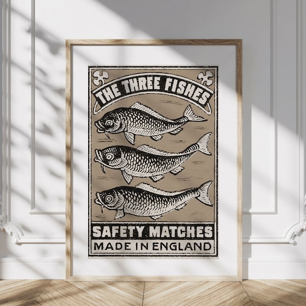 Match Box Vintage Illustration Poster Digital Print, Fish Retro Poster, Antique Poster, Boho art print, Vintage Wall Art, Living Room Decor