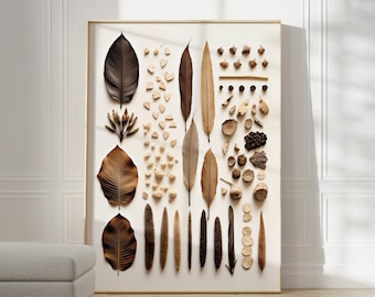 May include: A framed art print featuring a collection of dried leaves, pods, and seeds arranged in a symmetrical pattern on a white background. The natural elements are in shades of brown and beige.