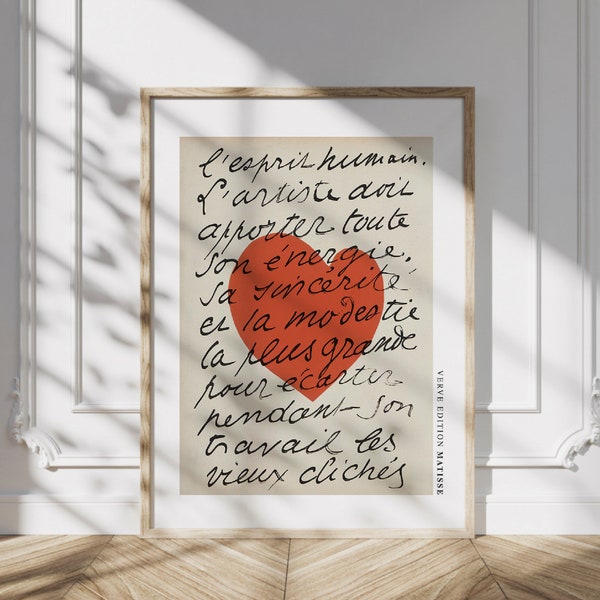 Henry Matisse Heart Verve Print, Love Quote Matisse Poster, Typography print, Contemporary Modern Art, Famous art poster, Art Gift for Her