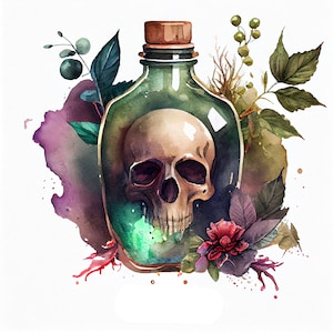 Puede incluir: Una botella de vidrio verde con un tapón de corcho, que contiene un cráneo humano. La botella está rodeada de flores y hojas de acuarela.