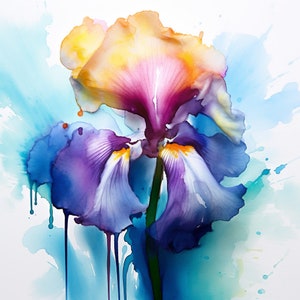 Può includere: Un dipinto ad acquerello di un fiore di iris viola e giallo su sfondo blu. Il fiore è a fuoco e lo sfondo è sfocato.