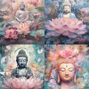 Acuarela Buddah flor de loto Clipart, 9 Alta calidad Acuarela Buddah flor de loto JPG, Para la fabricación de tarjetas, Técnica mixta, Arte de papel digital