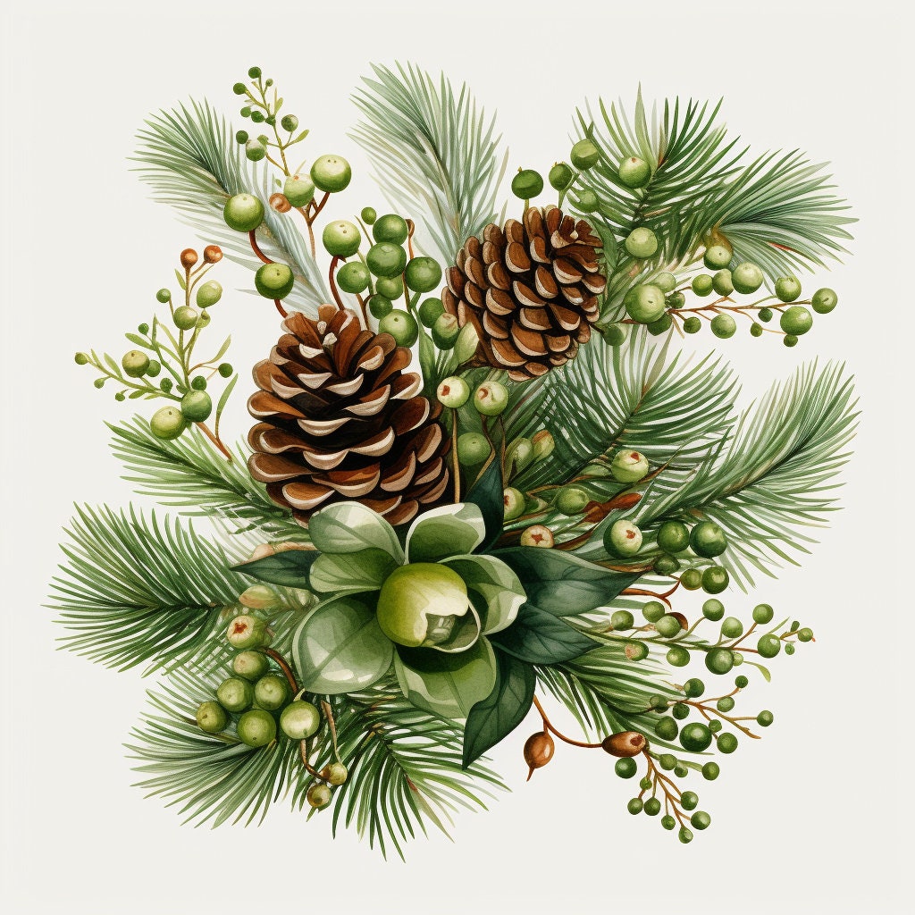 Watercolor Christmas Reef With Pine Cones Clipart, 12 High Quality