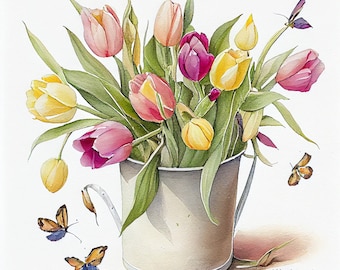 Watercolor Tulips in bucket Clipart, 6 High Quality Tulips JPGs, For Card Making, Mixed Media, Digital Paper Craft and More