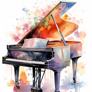 Clipart z akwarelowym fortepianem muzycznym, 12 wysokiej jakości akwarelowych fortepianów muzycznych w formacie JPG, do tworzenia kartek, techniki mieszane, rękodzieło cyfrowe...