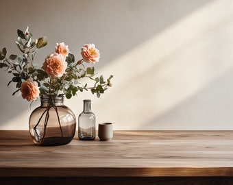Houten tafel & bloemen achtergrond product mockup, 10 hoge kwaliteit bloemen tafel houten achtergrond, Produkt Mockup, digitale JPG Download