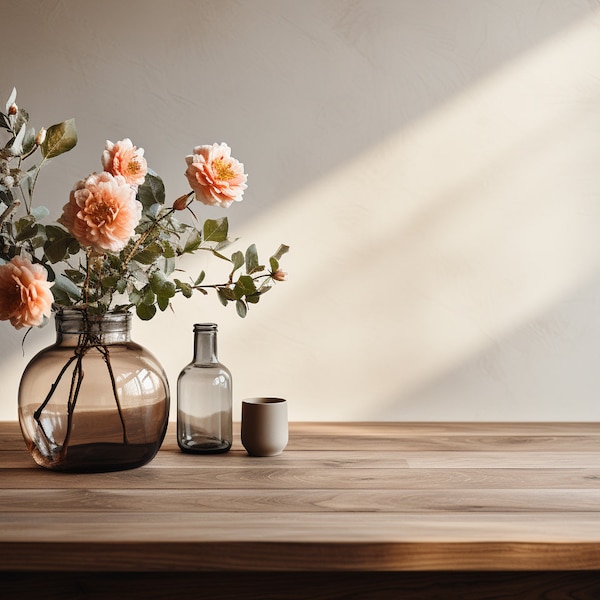 Wood table & flowers background product mockup, 10 High Quality Flowers Table Wood Background, Produkt Mockup, digital JPG  Download