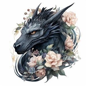 Clipart floreale del drago dell'acquerello, 10 JPG floreali del drago dell'acquerello di alta qualità, per la creazione di carte, supporti misti, artigianato di carta digitale...