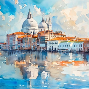 Aquarela Itália Veneza City Skyline Clipart, 12 JPGs de alta qualidade do horizonte de Veneza Venezia, para fazer cartões, mídia mista, artesanato em papel digital