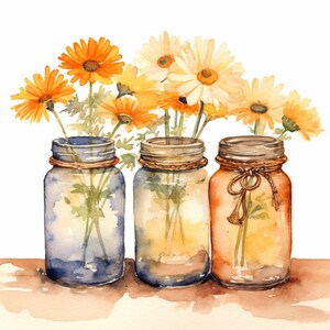 Aquarell Daisy Blumen in Glas Clipart, 10 hochwertige Gänseblümchen in Gläsern JPGs, für Kartenherstellung, Mixed Media, Digital Paper Craft ...