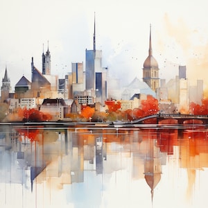 Aquarela Frankfurt Skyline Clipart, 8 JPGs de alta qualidade do horizonte de Frankfurt, para confecção de cartões, mídia mista, artesanato em papel digital...