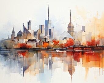 Acuarela Frankfurt Skyline Clipart, 8 JPG de horizonte de Frankfurt de alta calidad, para la fabricación de tarjetas, técnica mixta, arte de papel digital...