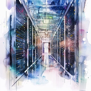 May include: A watercolour painting of a server room with rows of servers, painted in shades of blue, grey, and white.