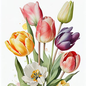 Watercolor Blooming Tulips Clipart, 10 High Quality Watercolor Tulips JPGs, For Card Making, Mixed Media, Digital Paper Craft and More