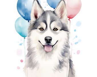 Watercolor Husky Dog Ballons Clipart, 12 High Quality Husky Dog Ballons Birthday JPGs, For Card Making, Mixed Media, Digital Paper Craft...